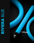 Riviera Blue Braided Cable Sleeve (Victron Blue) displayed on a dark background, showcasing its vibrant color and texture.