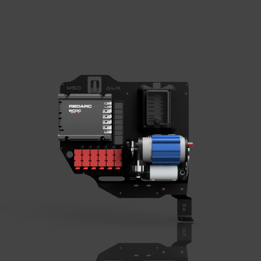 Technical component with red and blue elements on a reflective surface