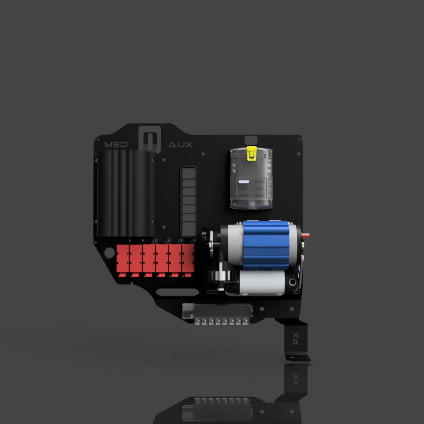 Technical component with red, blue, and black colors on a reflective surface.