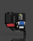 Technical component with red, blue, and black colors on a reflective surface.