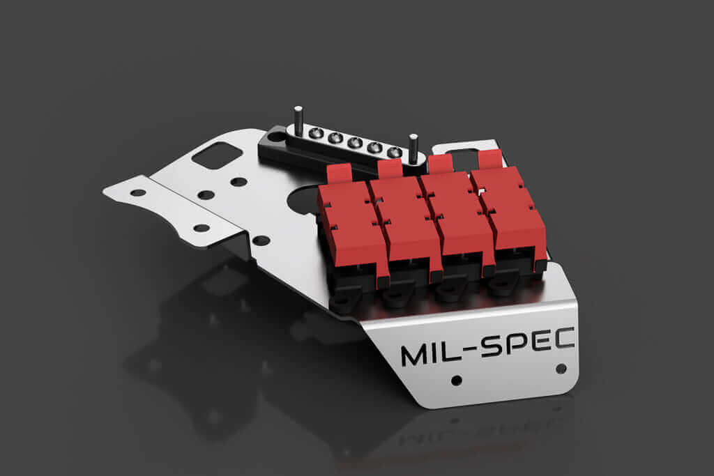 Ford Ranger PX2/PX3/Raptor/5th Gen Midi Fuse Kit with red fuse holders and silver mounting plate.