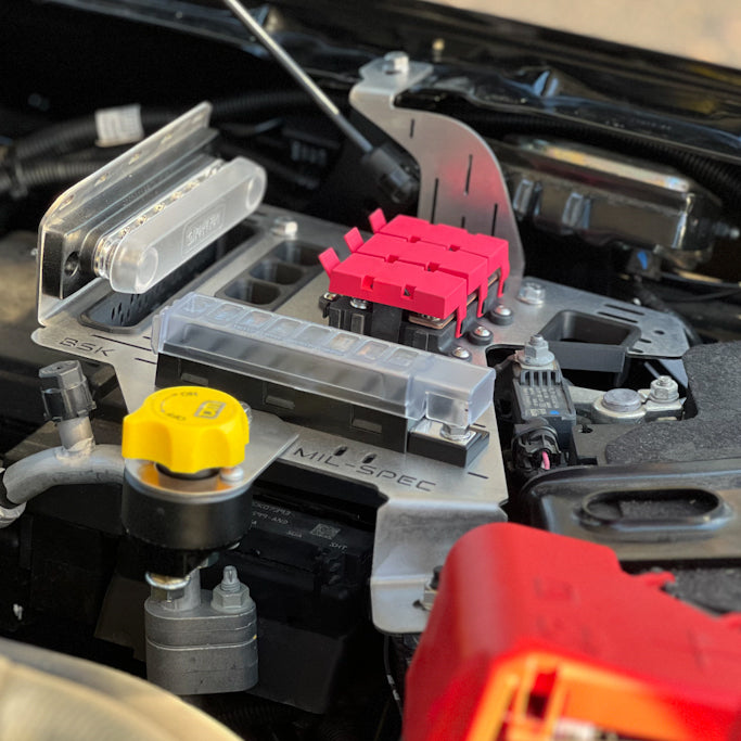 Next-Gen (RA 2022-Current) Ranger Basic Setup Kit (BSK) components in engine bay for enhanced power management.