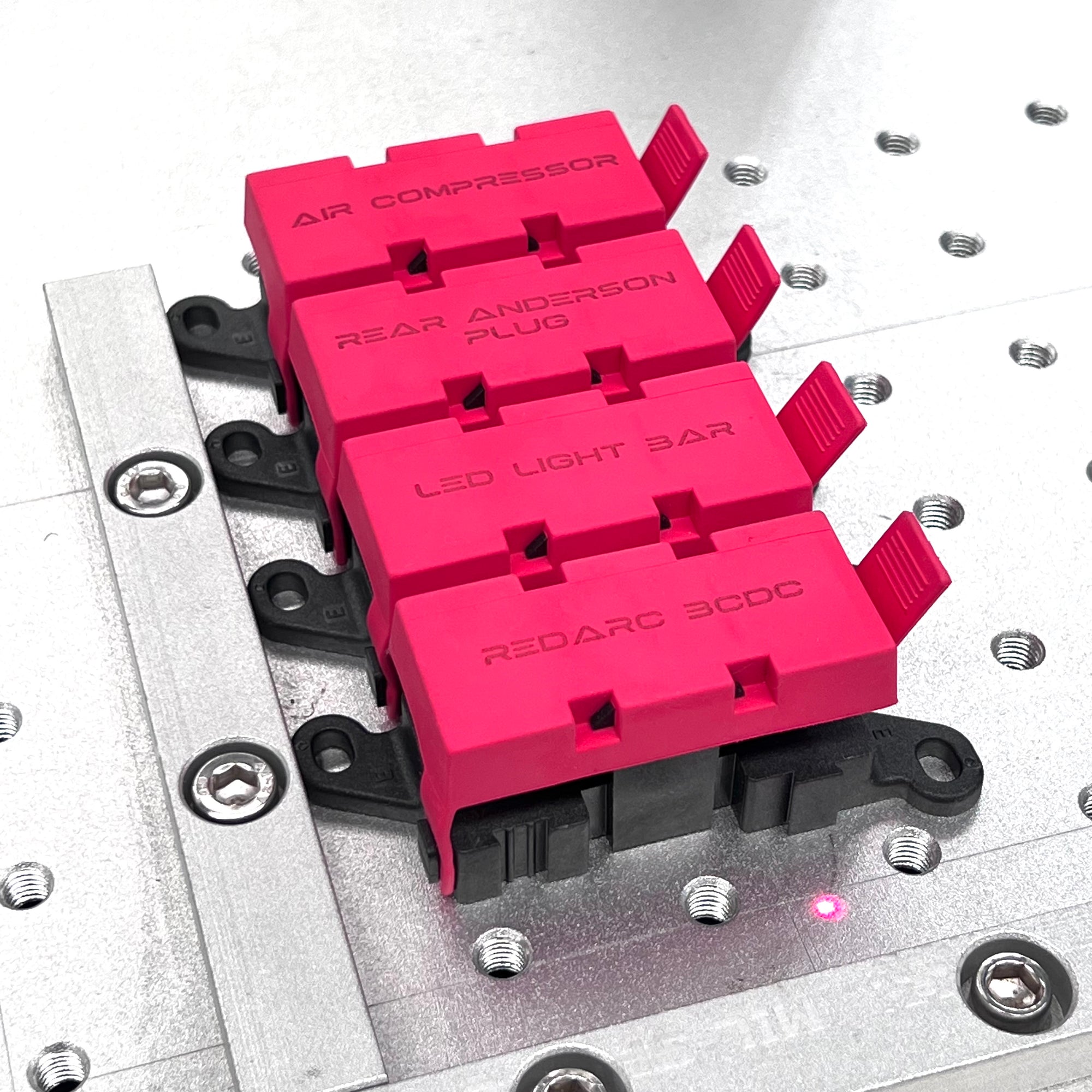 Bussmann LMI Fuse Holder for AMI/MIDI fuses with labeled circuits for air compressor, Anderson plug, LED light bar, and REDARC DCDC.