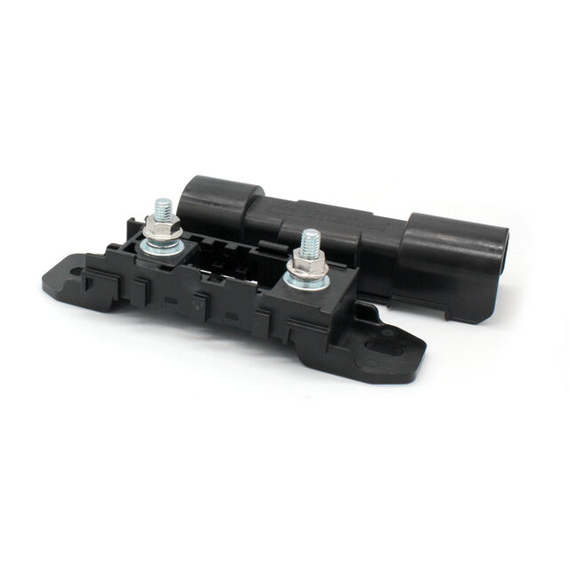 Black electrical connector with bolts on a white background