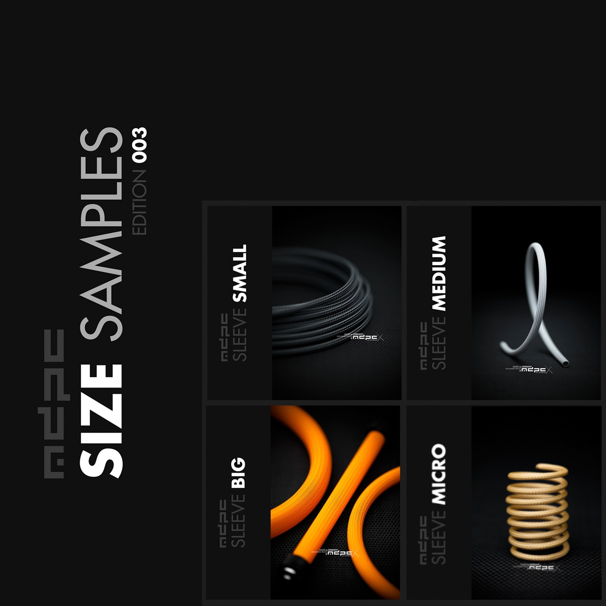 Braided Cable Sleeve Size Sample Pack featuring MICRO, SMALL, MEDIUM, and BIG sizes for cable management.