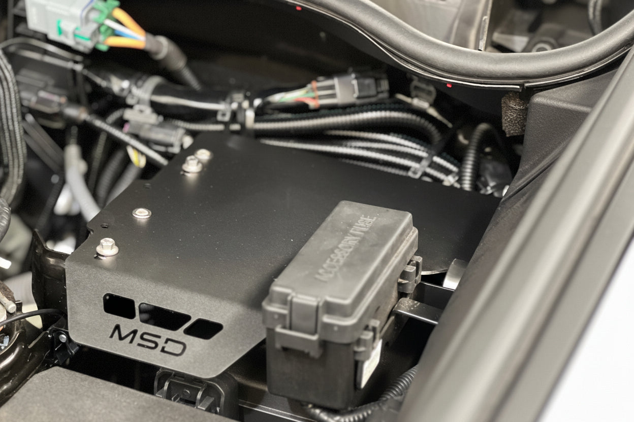 An MSD electronic module and a black plastic junction box mounted in a vehicle engine bay, surrounded by wiring and hoses.
