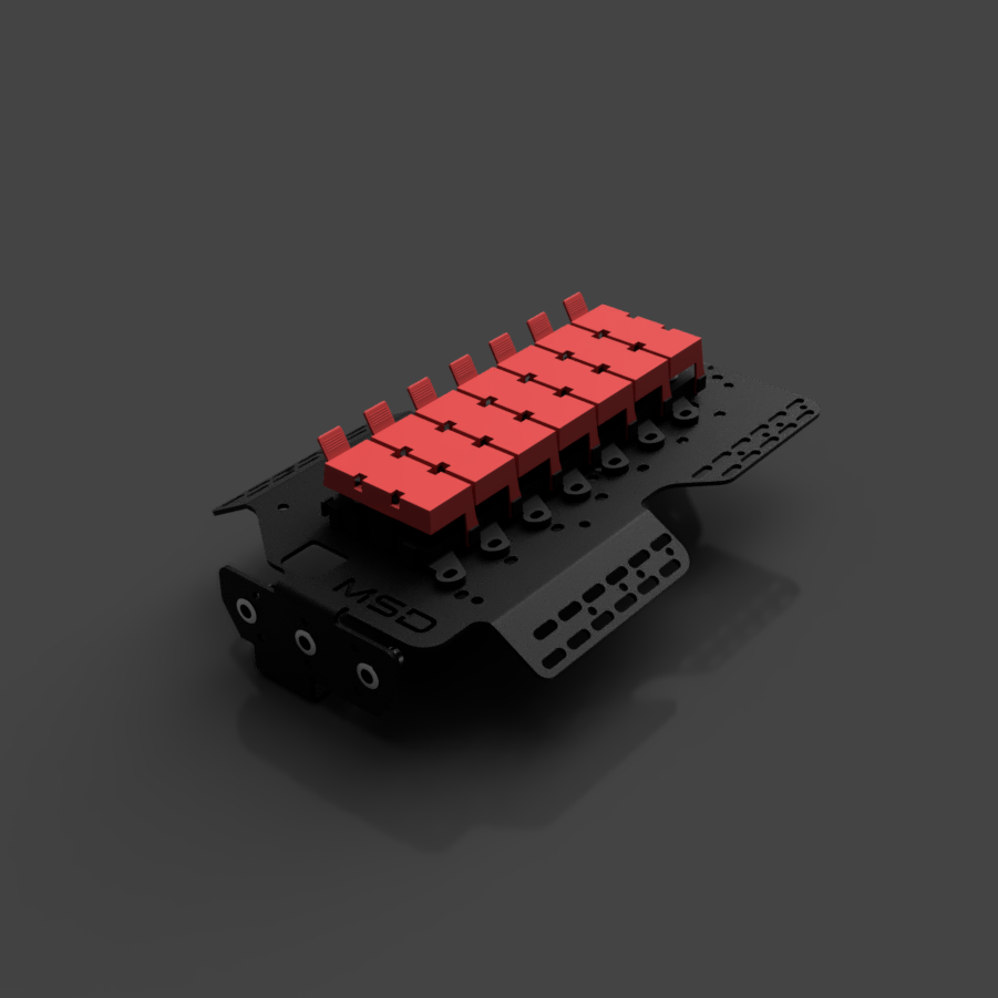 Black and red mechanical component on a dark gray background