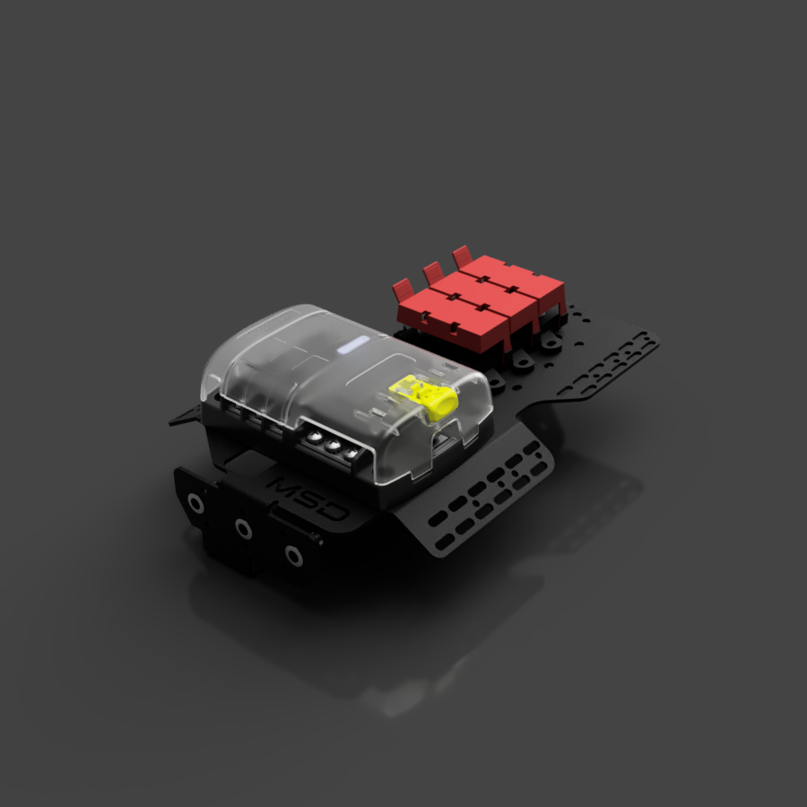 Small robot or electronic device with transparent top and red and black components on a dark background