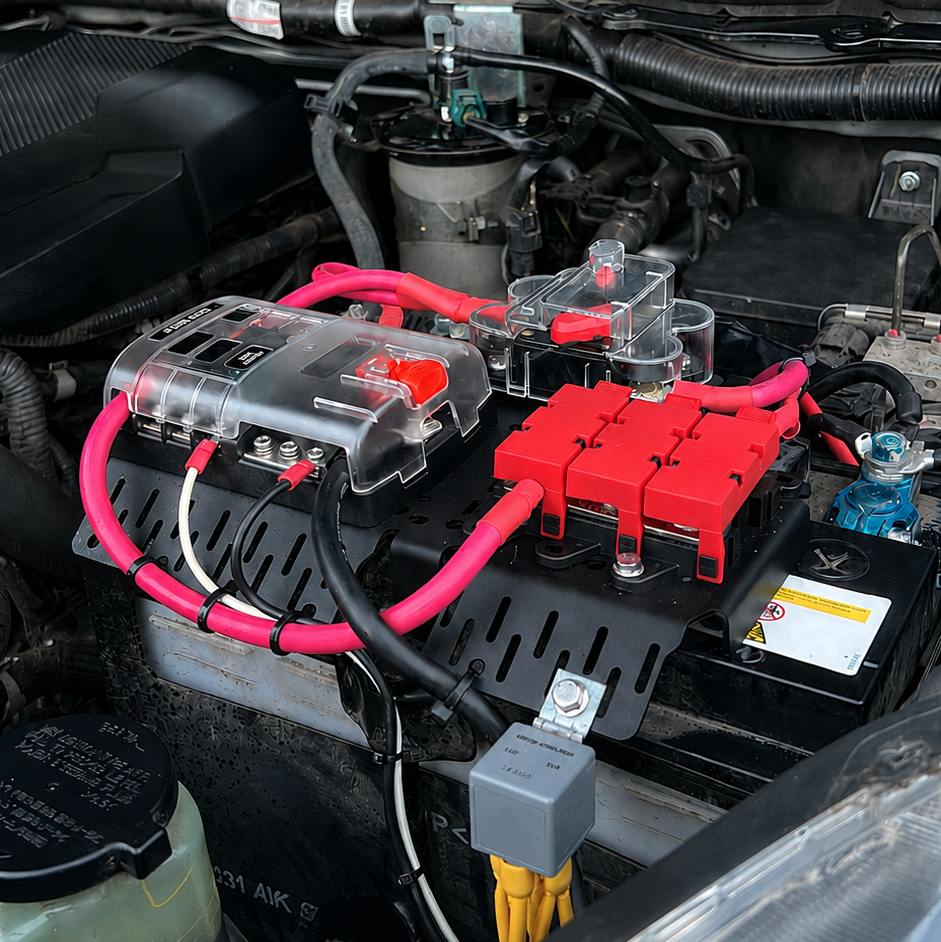 A car battery jump starter or auxiliary starter kit with bright pink and red cables, mounted on a vehicle engine bay.