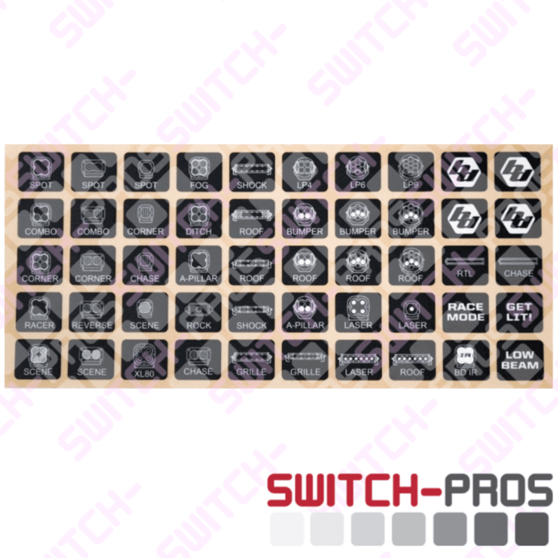 Switch-Pros X Baja Designs Legend Kit featuring 50 switch legends for SP8100, SP9100 & RCR-Force® 12 Systems.