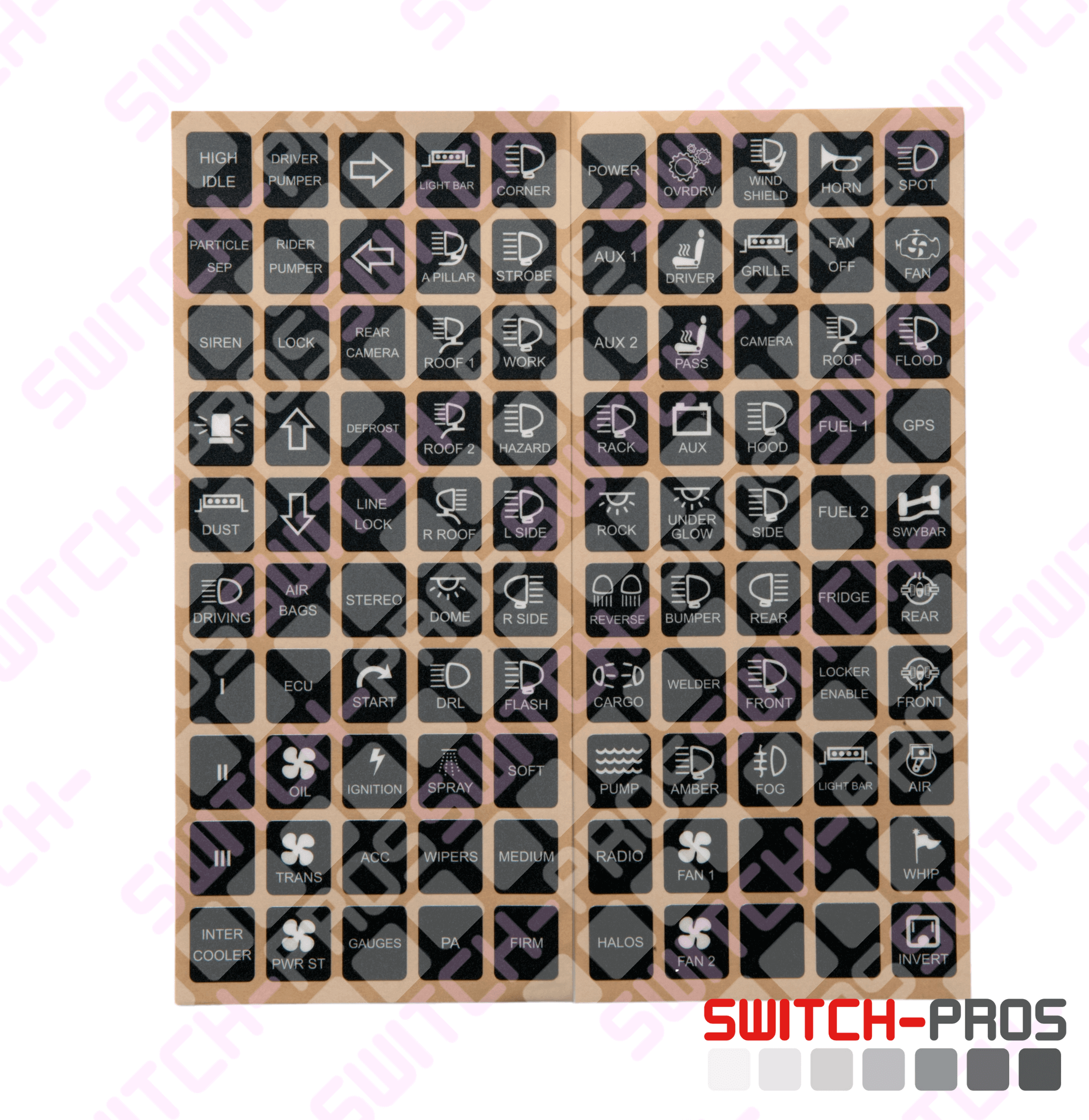 Vertical Switch Legends for Switch-Pros System showing various switch panel icons in vertical orientation.