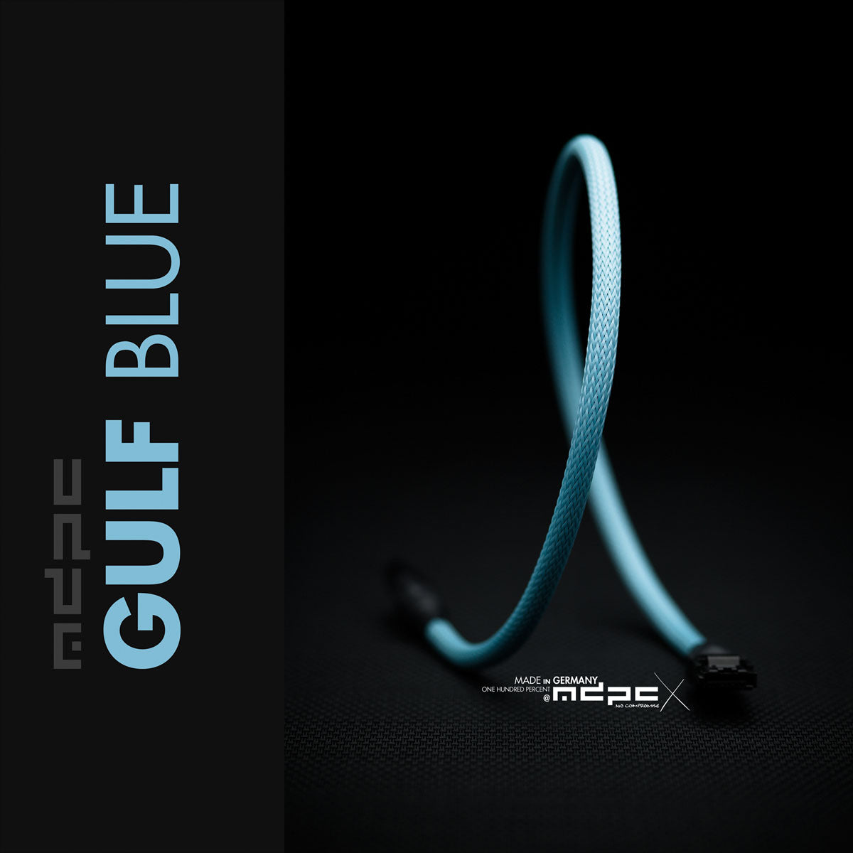 Gulf Blue Braided Cable Sleeve showcasing its unique color and quality, made in Germany by MDPC-X.