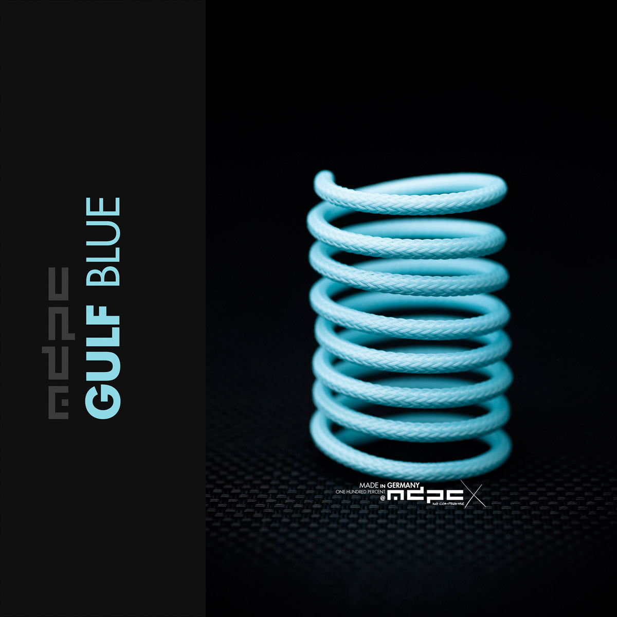 Gulf Blue Braided Cable Sleeve showcasing MDPC-X technology, made in Germany, vibrant and recyclable cable sleeve.