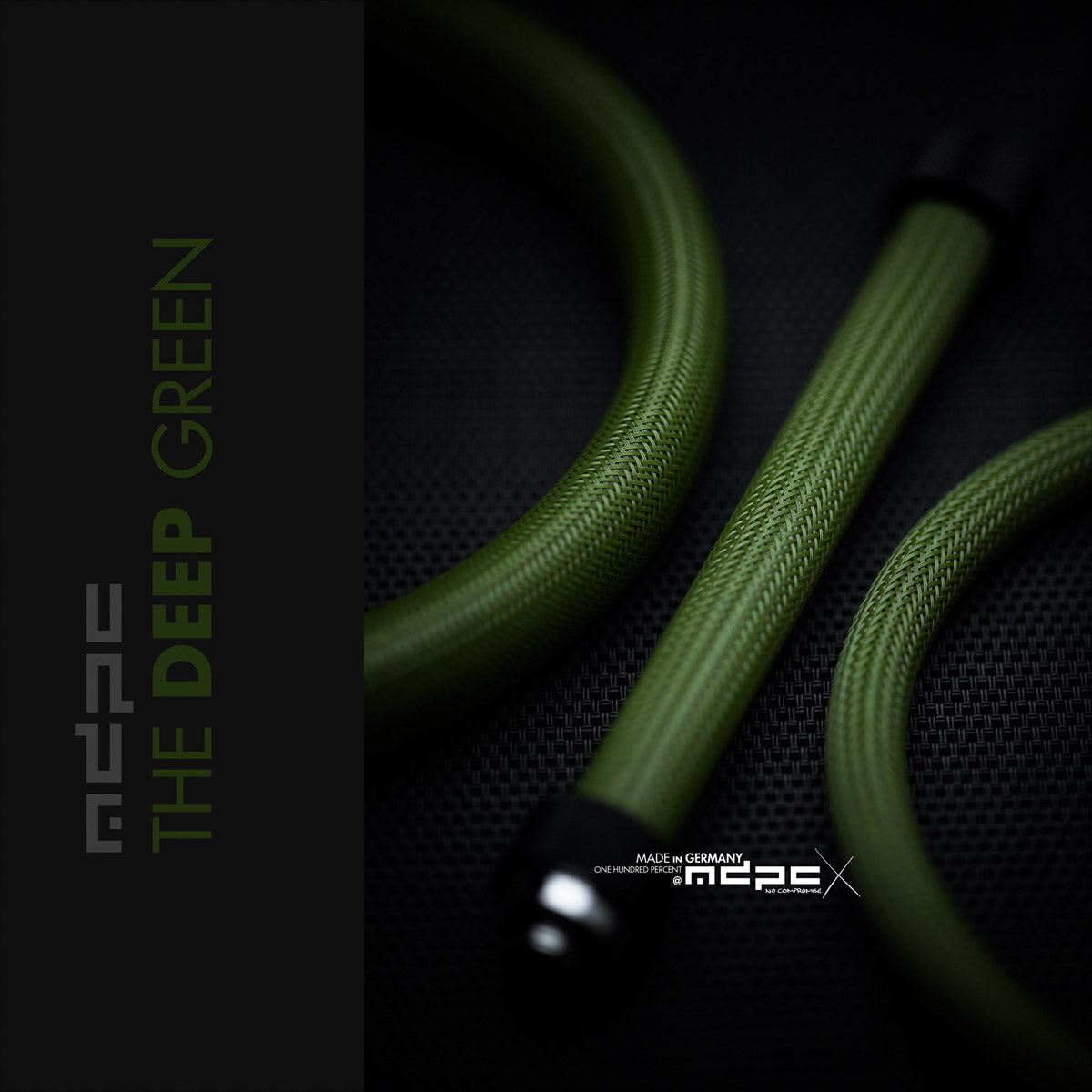 The Deep Green Braided Cable Sleeve showcasing dark green MDPC-X cable sleeving made in Germany.