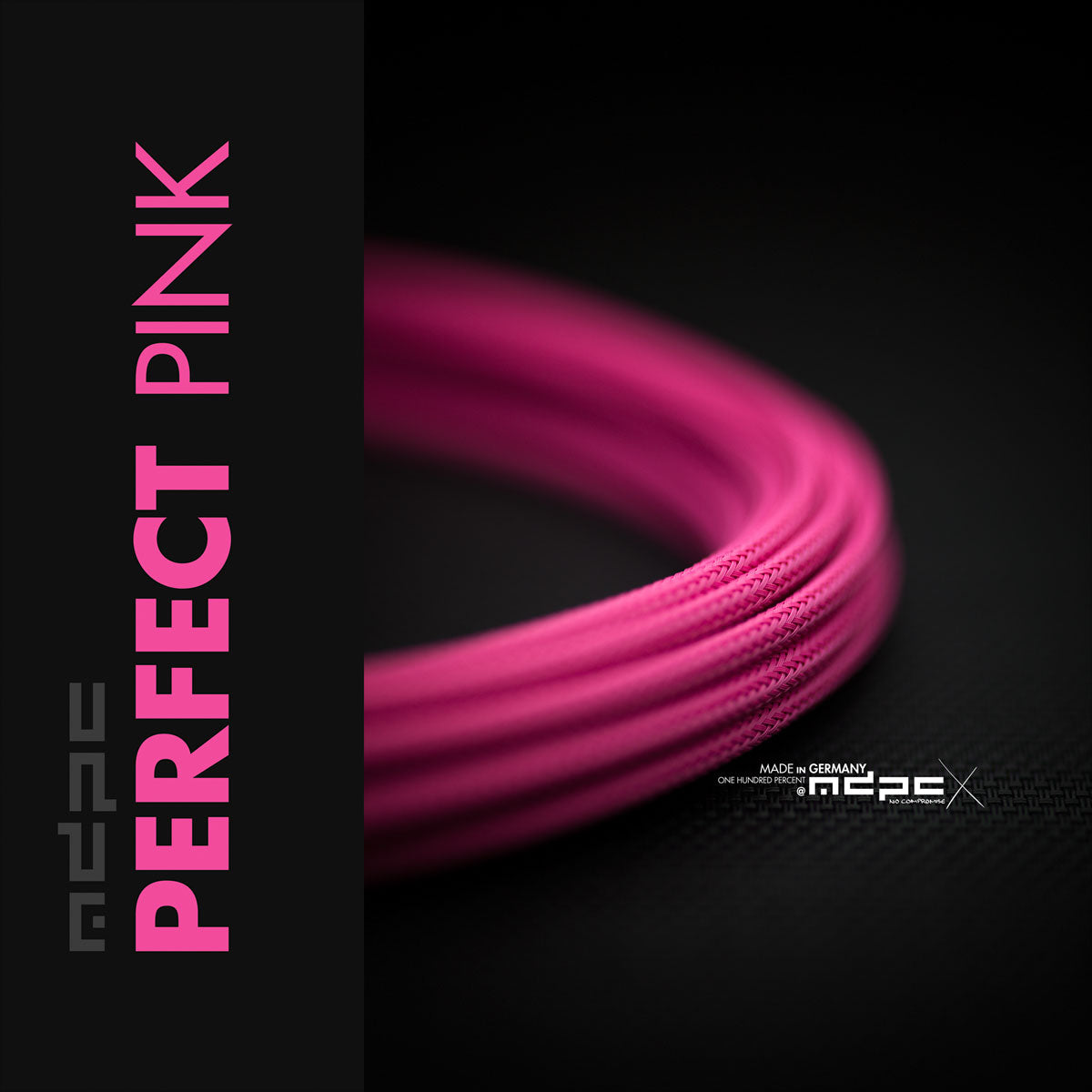 Perfect Pink Braided Cable Sleeve showcased in vibrant pink, made in Germany with 100% recyclable materials.
