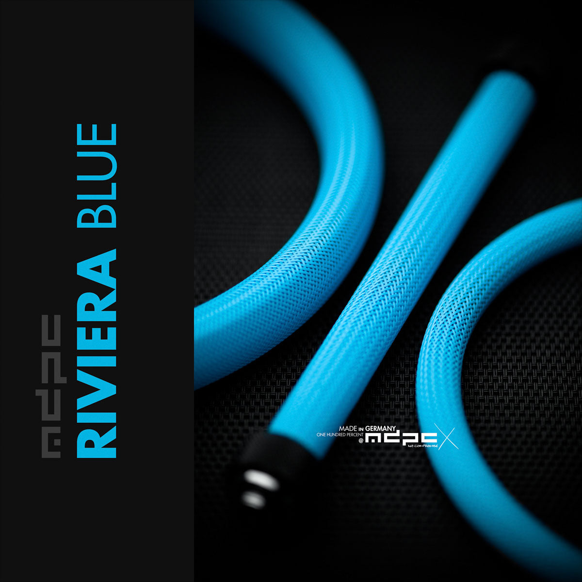 Riviera Blue Braided Cable Sleeve (Victron Blue) displayed on a dark background, showcasing its vibrant color and texture.