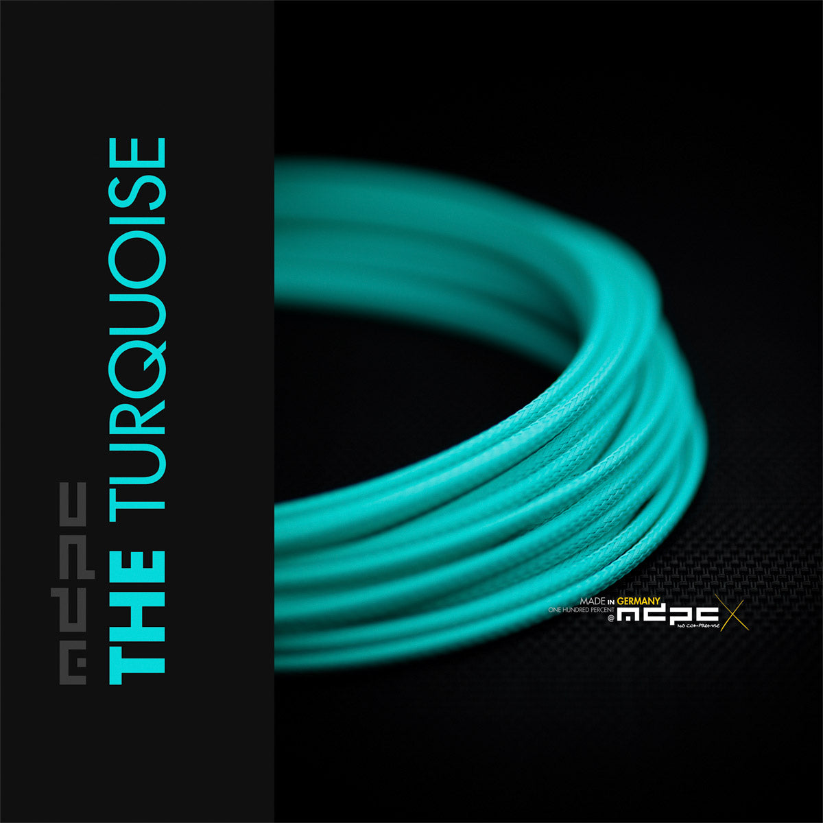The Turquoise Braided Cable Sleeve showcased in a vibrant turquoise color, made in Germany with high-quality materials.