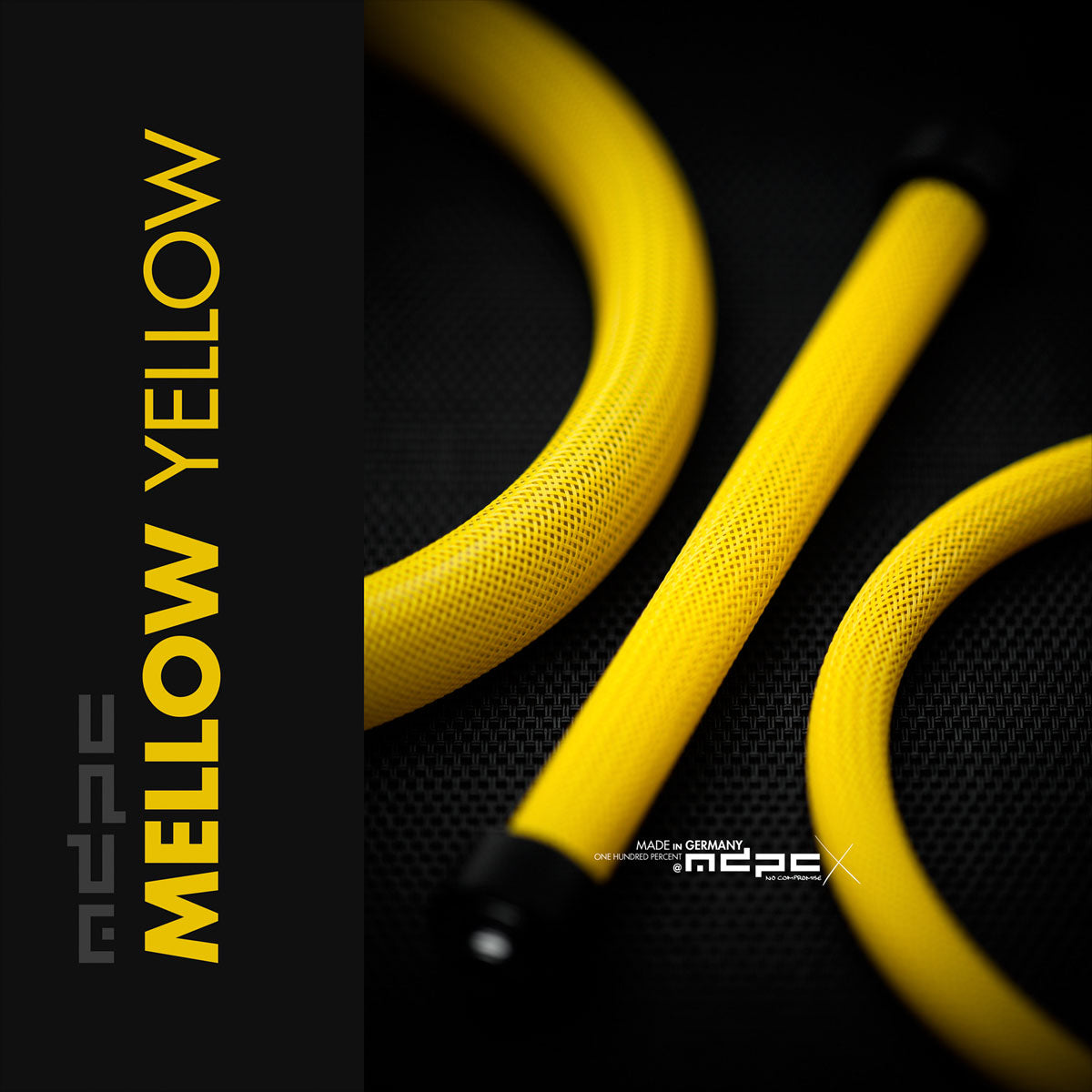Mellow Yellow Braided Cable Sleeve showcasing vibrant yellow MDPC-X cable sleeving made in Germany.