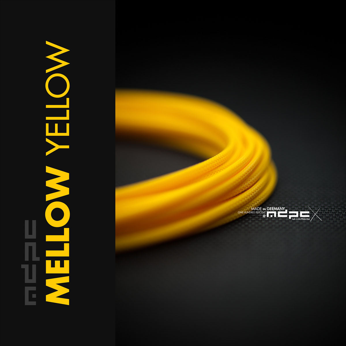 Mellow Yellow Braided Cable Sleeve showcasing vibrant yellow MDPC-X cable sleeving made in Germany.